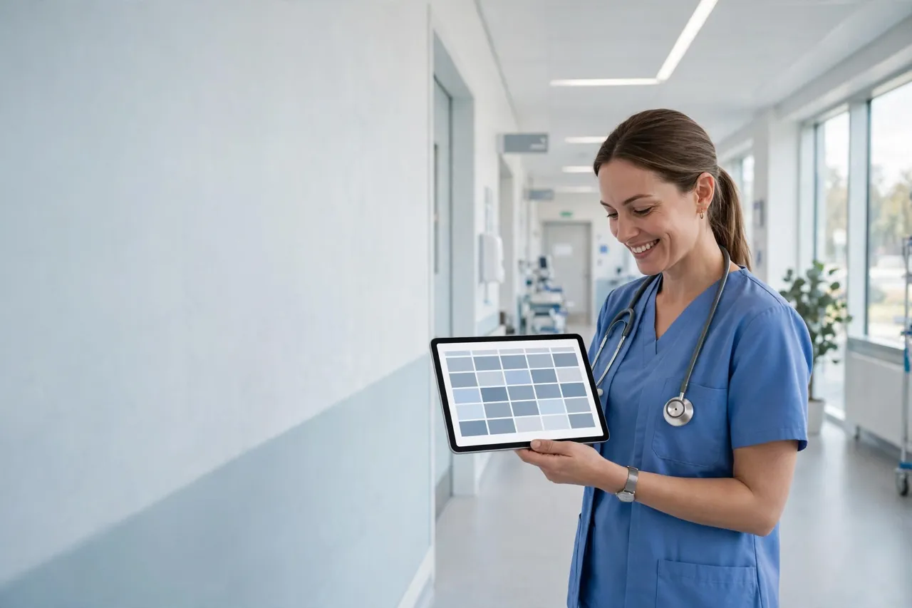 Healthcare worker checking a shift schedule on a tablet