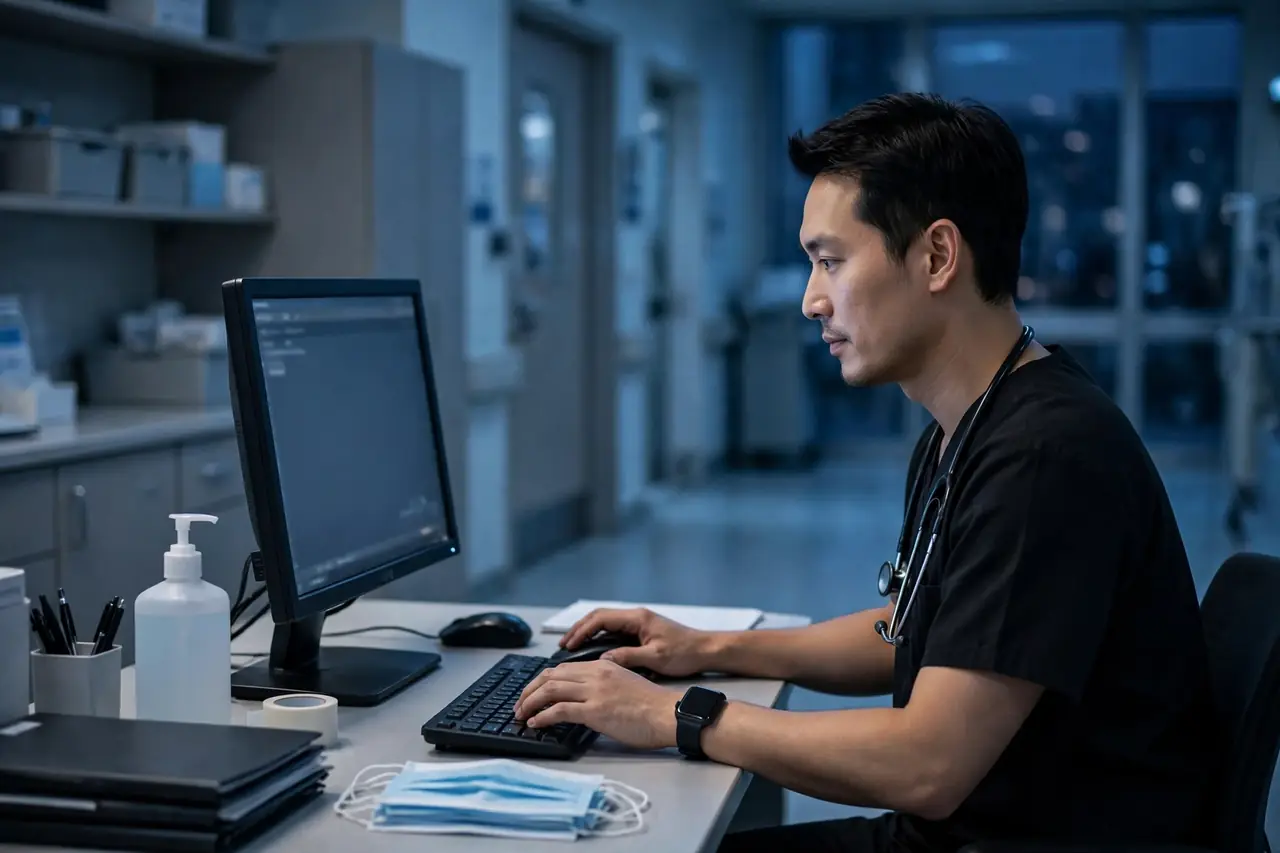 MUSC nurse in black scrubs signing in to Smart Square on a desktop computer during an evening shift