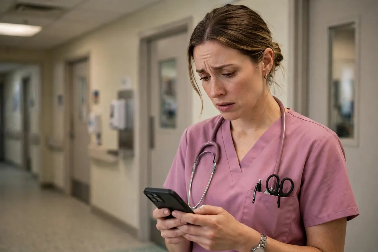 Nurse in mauve scrubs looking worriedly at her phone in a hospital corridor