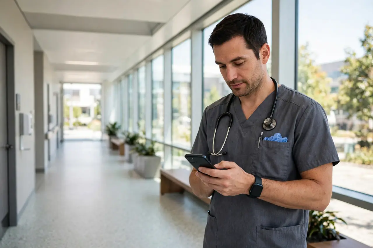 Penn State Health worker in grey scrubs checking his schedule on a phone in a hospital corridor