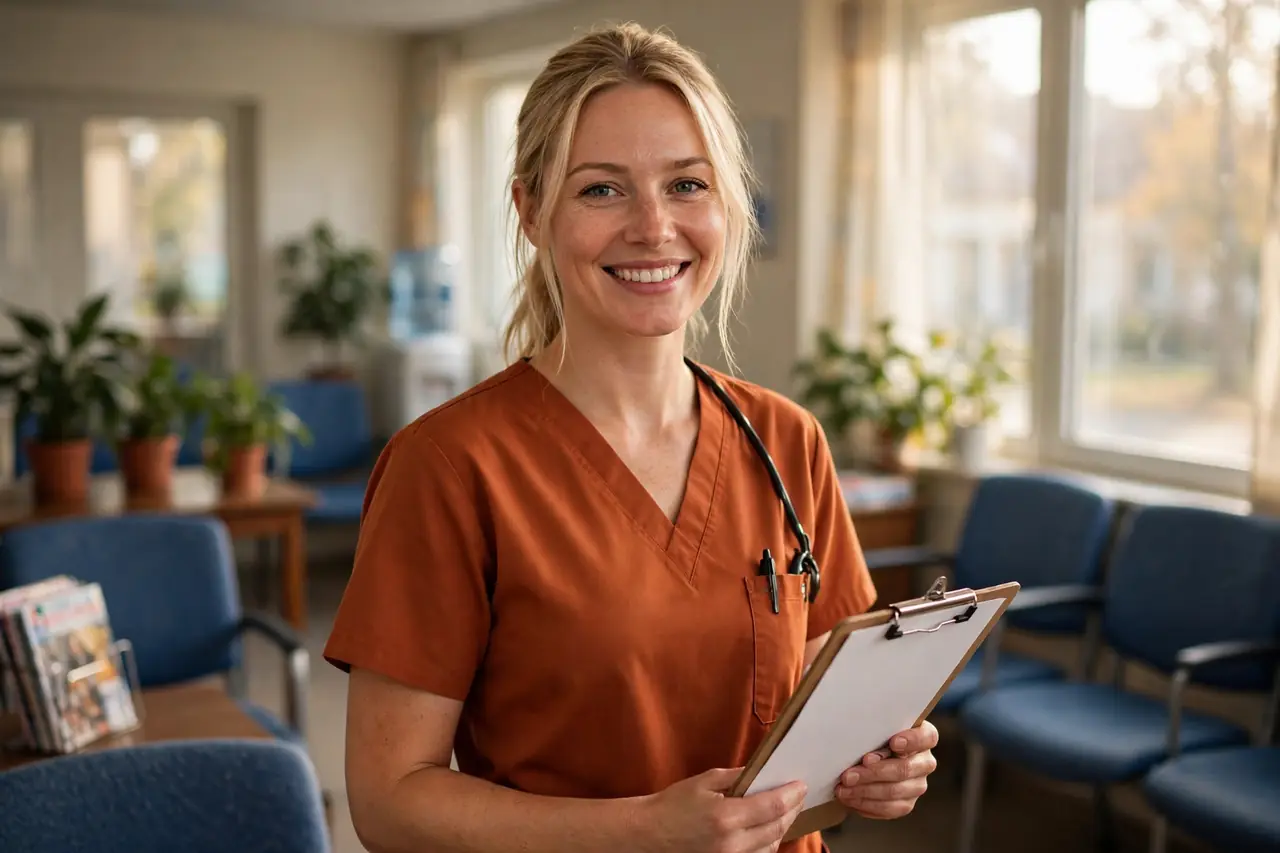 ThedaCare nurse in rust-orange scrubs holding a clipboard in a community hospital waiting area