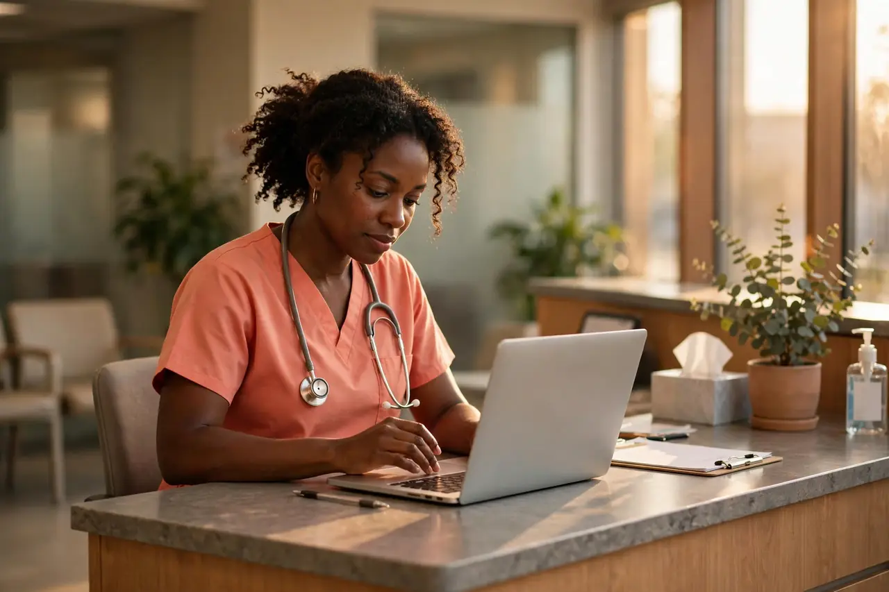 Wellstar nurse in coral scrubs signing in to Smart Square on a laptop at a reception desk