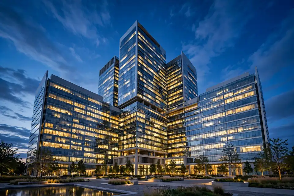 Corporate headquarters buildings at dusk